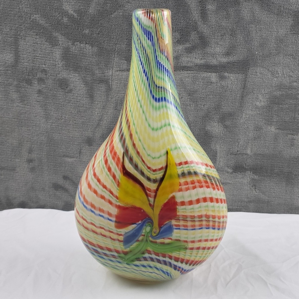 Vintage Murano Style Mid Century Vase Bright Color Lg Swirled Hand blown Glass